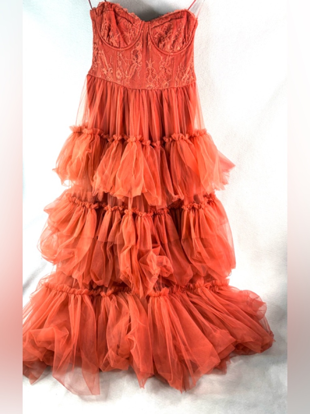 Vici M Strapless Formal Lace Bust Tiered Tulle Maxi Dress in Rusty Rose - Picture 9 of 9